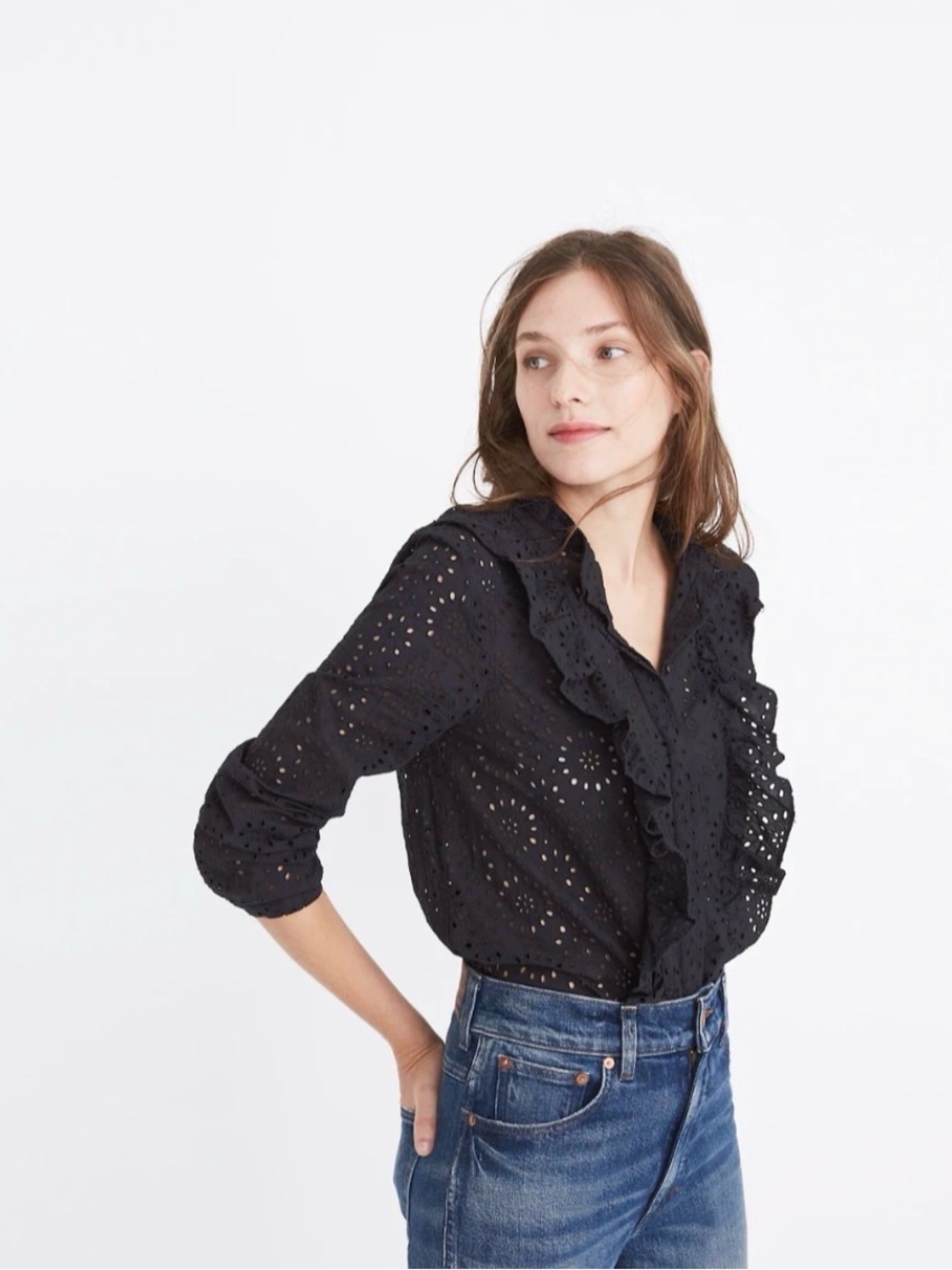 Madewell Eyelet Ruffle Front Blouse True Black L
